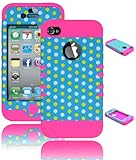 Bastex Heavy Duty Hybrid Case for iPhone 4, 4S, - Pink Silicone / Multi Color Polka Dot Hard Cover