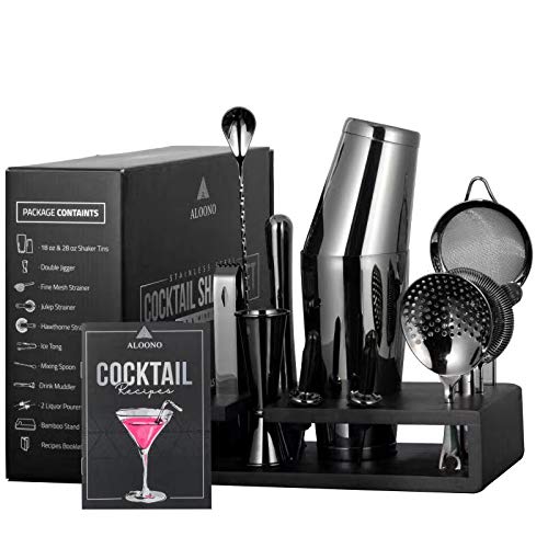 15Piece Cocktail Shaker Bar Set with Bamboo Stand 2 Weighted Boston