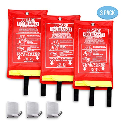 JJ CARE [Upgraded] 3 Pack Fire Blanket Fire Suppression Blanket Made from Silica Cloth – Suitable for Camping, Grilling, Kitchen Safety, Car and Fireplace Fire Retardant Blanket for Emergency 40″x40″