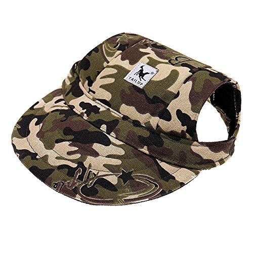 Happy Hours - Dog Pet Cat Canvas Oxford Fabric Hat Sports Baseball Cap Ear Holes Sunhat with Adjustable Neck Elastic Leather Rope Strap (Camouflage, Size L)