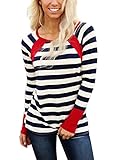 Astylish Women Casual Color Block Crewneck Long Sleeve Striped T-Shirt Blouse Tops Red X-Large