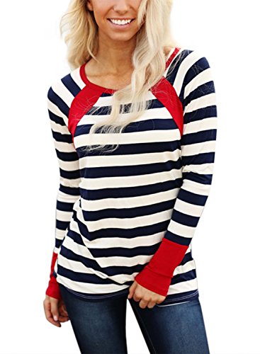 Astylish Women Casual Color Block Crewneck Long Sleeve Striped T-Shirt Blouse Tops Red X-Large