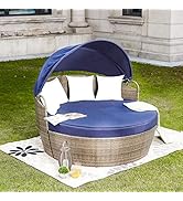 LOKATSE HOME Patio Round Daybed with Retractable Canopy Outdoor Wicker Rattan Furniture Sofa All-...