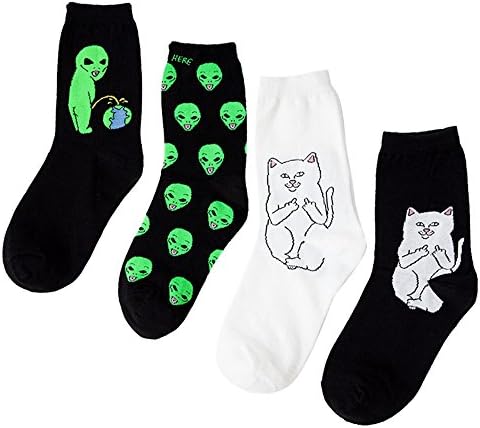 4 Pairs Women Men’s Funny Cartoon Alien Cat Cotton Ankle Art Socks (4 Pairs Mix)