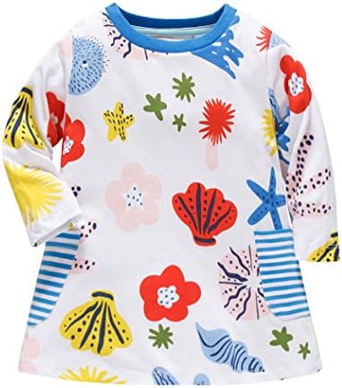 Girls Casual Dresses, Cotton Shell Print Pattern Long Sleeve Stripe Pocket Dress For Toddler(Halobios1,3T)