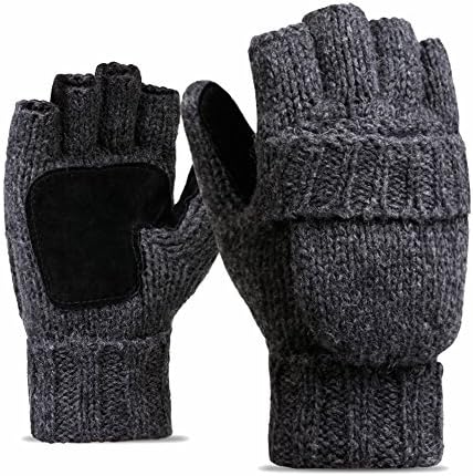 SUITEASY Unisex Wool Blend Knitted Gloves Fingerless Mittens with Mitten Cover (Deep Grey)