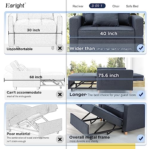 Esright 40 Inch Chair Bed 3in1 Convertible Futon Chair Multi