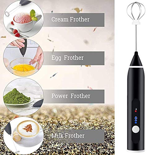 EZCO Milk Frother Handheld Electric USB Charging Drink Mixer Foam Maker for Coffee, Latter, Hot Chocolates with Egg Beater/Coffee Needle/Stencils, Black
