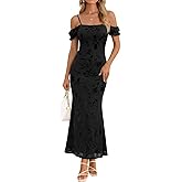 MEROKEETY Women's 2026 Summer Off The Shoulder Spaghetti Strap Floral Mesh Wedding Guest Cocktail Formal Party Maxi Dresses