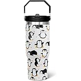 qwpmvhsak 30oz Penguin Flip Tumbler Coffee Travel Mug Cup Water Botter, with Handle lid and Straw,Fall Gifts for Women,Penguin Stuff Decor Accessories