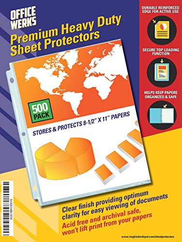 Officewerks Heavy Duty Clear Sheet Protectors - 500 Pack, Refinforced Holes, 8.5 x 11 Inches, Acid Free/Archival Safe