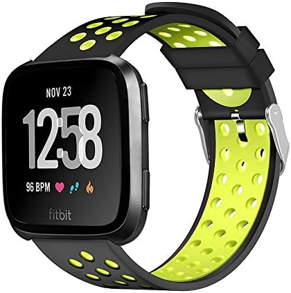 For Fitbit Versa Bands Soft Silicone Sport Strap with Ventilation Holes for Fitbit Versa Fitness Smart Watch Men Women Replacement Bands (Black/Volt Yellow)