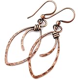 Pillar of Salt Studio Handcrafted Solid Copper Earrings Hammered Marquis Shape Wire Wrapped (Antiqued Copper, 1-3/8" drop)
