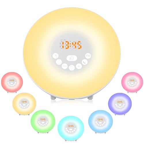 Light alarm clock, YOOZON light alarm clock simulating sunrise, LED Lamp with 7 color lights, 6 alarm sounds, alarm clock with smart alarm, touch control, FM radio