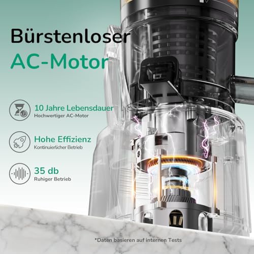 Spremiagrumi con foro di riempimento extra large 150 mm, filtro 3 in 1 (per succo, sorbetto e latte di noci), volume di riempimento 2,6 l, spremiagrumi lento con motore AC, sistema