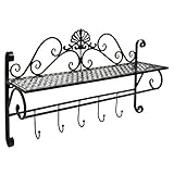 MyGift Beautiful Black Metal Decorative Wall Mounted Storage Shelf w/ 5 Hooks/Bathroom Towel Rack