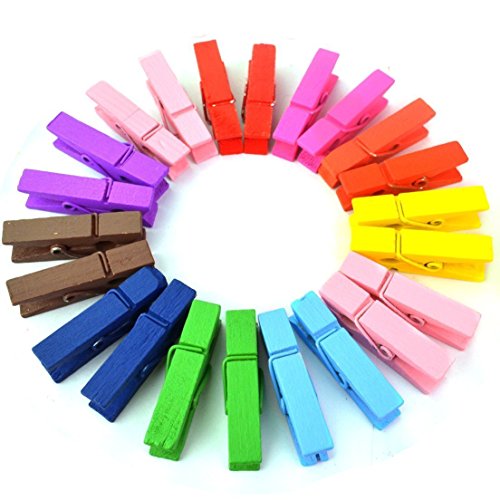 100 Pieces Mini Natural Wooden Colored Clothespins Photo Paper Peg Pin Craft Clips, with 16 Feet Jute Twine