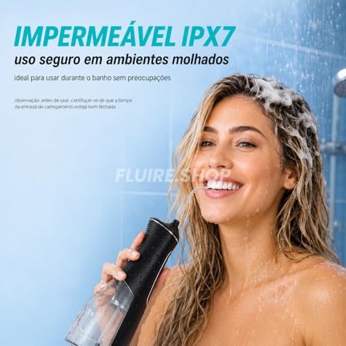 Irrigador Oral & Bucal Portátil Recarregável -Tanque 300ml - Limpeza Profunda com 4 Níveis de Pressão, 4 Ponteiras, À Prova d’Água - Jato Dental Ideal para Aparelhos Ortodônticos, Implantes e Gengivas