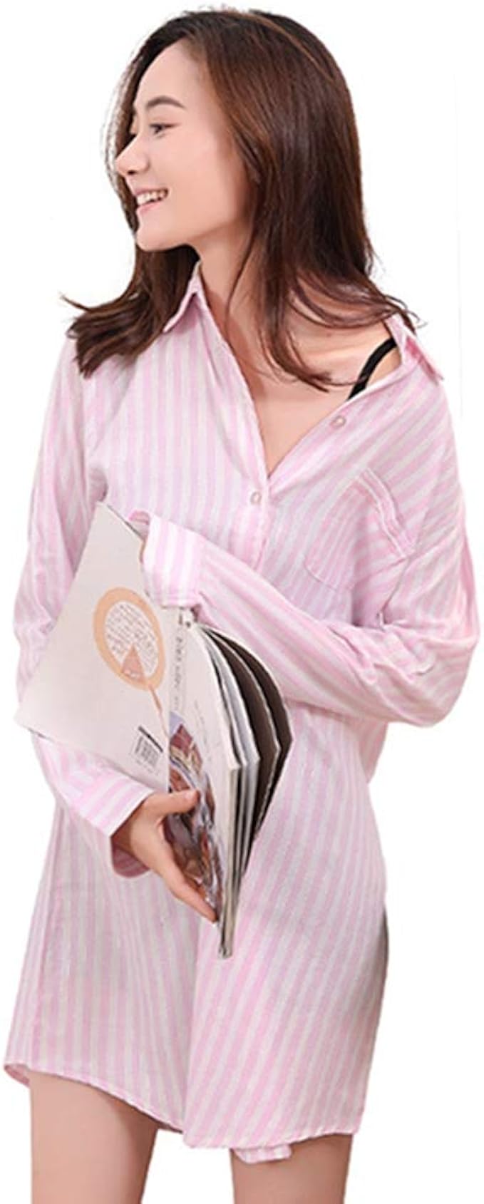 Amazon ルームワンピース 長袖 シャツワンピ 春 夏 レディース ラベル 快適 パジャマ 可愛い ワンピース 部屋着 女性用 大人 ナイトウェア 前開き ルームウェア 綿 柔らか 肌に優しい シンプル ルームワンピース ネグリジェ 通販