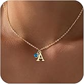 Feskive Birthstone Initial Necklace for Women,Dainty 14k Gold Plated Simple A-Z Letter Pendant Necklaces Birthstone Necklaces 12-Months Diamond Necklace Birthday Gifts for Women Friends