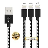 iPhone Cable 3Pack 10FT, GUIGUI Extra Long Nylon Braided Charging Cord Lightning Cable to USB Charger for iPhone 7, 7 Plus, 6S, 6, SE, 5S, 5, iPad, iPod Nano 7 - Black White