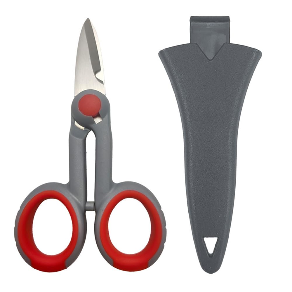 Electrician Scissors, Heavy Duty Serrated Edge Fishing Braid Line Scissors with Protective Cover, Multi-Purpose Tackle Outdoor Tool for Fishing Line Copper Wire, Grey