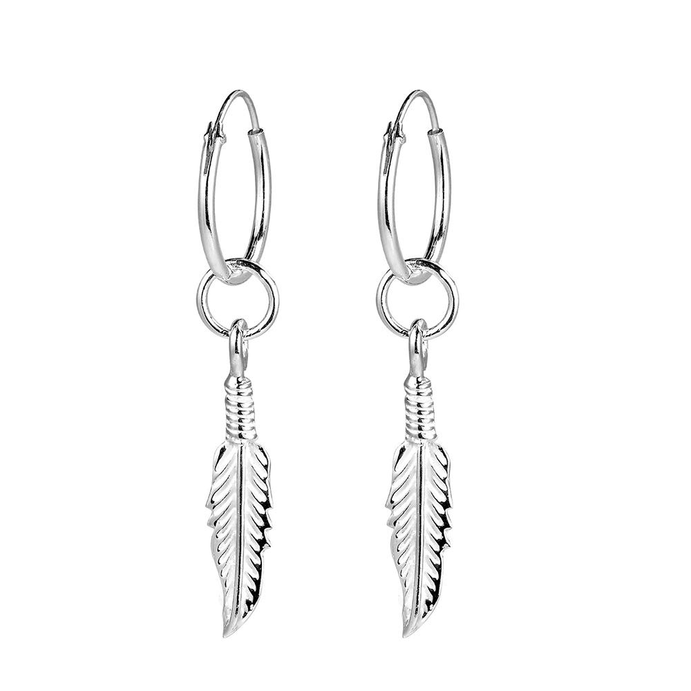 Fu You 925 Sterling Silver Earrings Feather Hoop Earrings Drop Earrings for Women Men Girls Hoops Diameter 16mm
