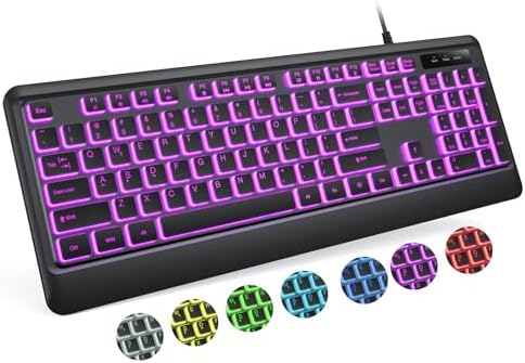 Luzarriba Backlit Computer Keyboards, Wired USB LED Keyboard with 7 Colors Backlight, Plug and Play, Waterproof, Full Size Quiet Computer Keyboard for Windows Desktop, PC, Laptop, Gaming