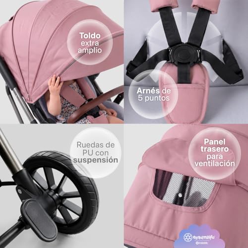 ESQUIMAL Carriola para Bebé Easy Prime Asiento Reversible Bidireccional, Plegado Semiautomático una mano, Compacta, Ligera, Reclinable 3 posiciones, Ruedas con Suspensión, 0 a 36 meses (Rosa)