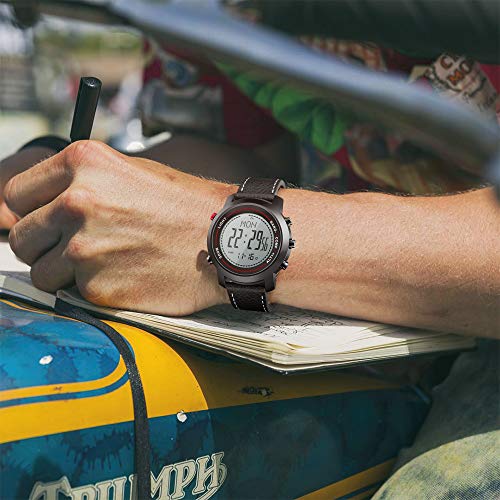 Men Digital Sports Watches with Compass Pedometer Altimeter Barometer Military Waterproof Wristwatch with Leather Band