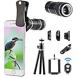 Telephoto lens kit, 4 in 1 Cell Phone Camera Lens, 12X Telephoto Lens + 180° Fisheye Lens + 0.65 Wide Angle Lens + Macro Lens, Clip-On Lenses for iphone 8 7 6 plus, Samsung Smartphone + Remote Shutter