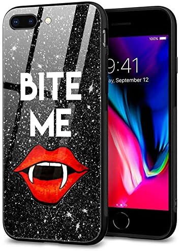 iPhone 7 Plus Case,iPhone 8 Plus Cases for Girls Cute Case,9H Tempered Glass Back&Soft TPU Bumper,Fashion Pattern Design Gift for Women iPhone 7/8 Plus Case -Vampire bite me