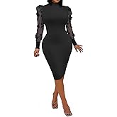 Uni Clau Women's Sexy Ribbed Bodycon Dress Mesh Floral Long Sleeve Slim Fit Midi Lilac Night Club Party Dresses