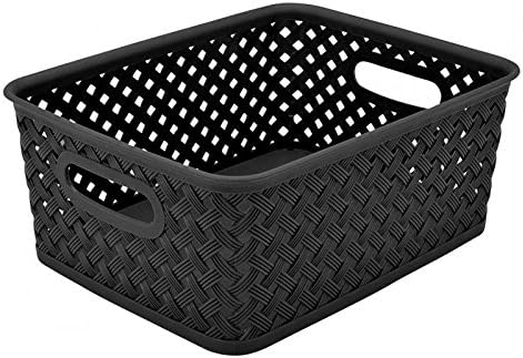 Simplify Small Resin Wicker Tote | Storage Bin | Plastic Organizer | Carrying Handles | Bathroom | Pantry | Accessories | Cleaning Products | Black