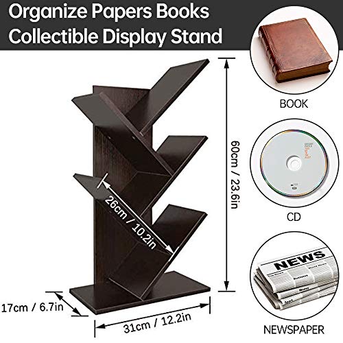 Tree Bookshelf, Bookcase 4 Tier Free Standing Wood Book Rack Display Organizer Shelves Space-Saving Use for CDs /Albums / Books in Living Room Office (Walnut)