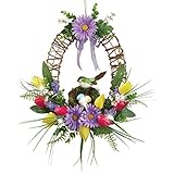 Pre-Lit LED Lighted Spring Floral Wreath with Bird Nest, Multi-Colored