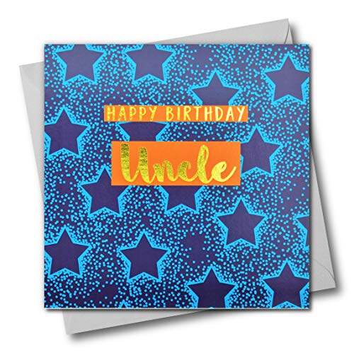 Claire Giles Greeting Cards, Happy Birthday Uncle Card, Blue Stars Design Greeting Card, Text Foiled in Shiny Gold