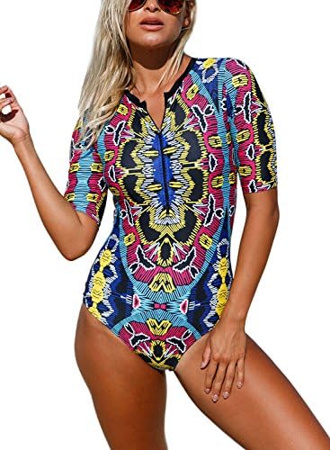 Anloli Women's Sexy Swimwear Abstract Print Zip Front Half Sleeve One Piece Rashguard Swimsuit Medium