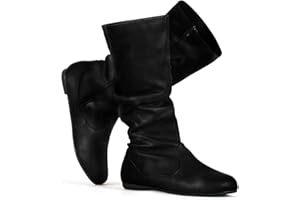 katliu Women's Slouchy Mid Calf Boots Zip up Flat Boots