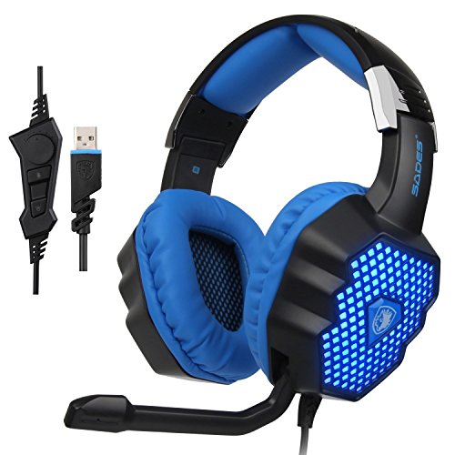 SADES Updated A70 USB Stereo Gaming Headset Over-Ear Headphones with Microphone Volume Control Noise Reduction Breathing LED Lights for PC Gamers(Black)
