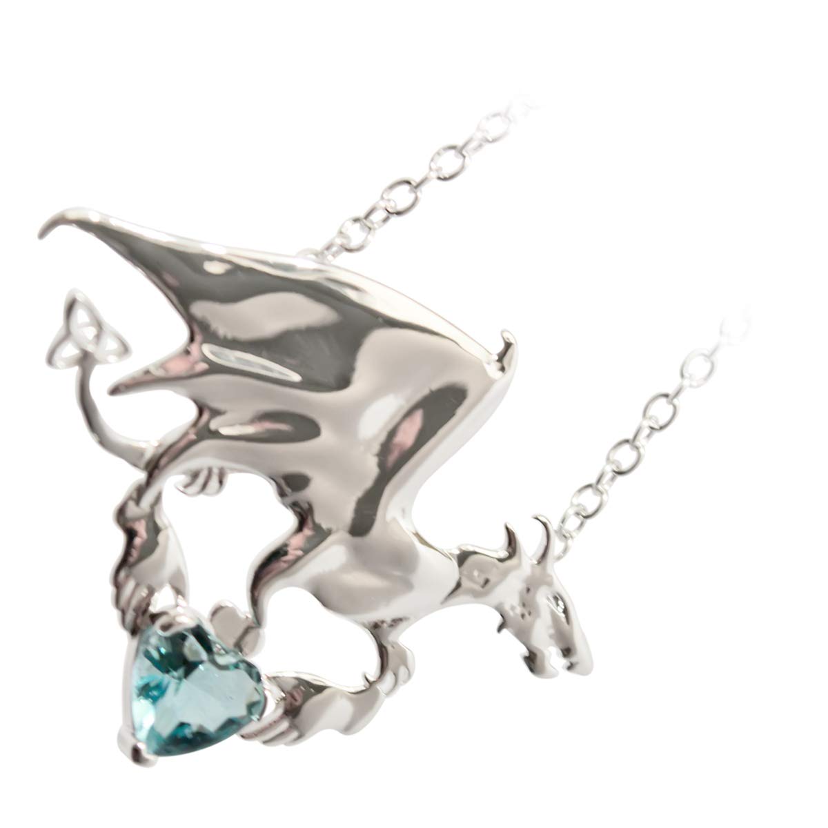 GWG Jewellery 18K White Gold Coated Dragon with Aquamarine Green Blue Stone Heart and Celtic Trinity Knot Unusual Pendant Necklace in Gift Box for Women
