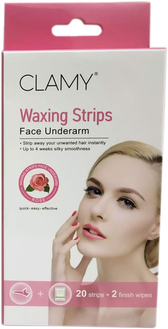 Clamy Face and Underarm Waxing Strips, 20 Strips + 2 Finish Wipes (Rose)