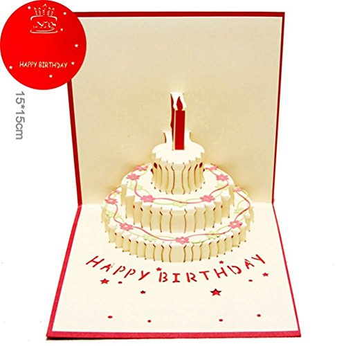 Tubwair Birthday Greeting Card 3D Pop up Cake Paper Handmade Post Cards (Red)