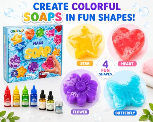 GRAFLO Soap Making Kit for Kids – DIY Make Your Own Soap Set with 8 Soap Bases, 4 Molds, 4 Colors, 2 Fragrances & Glitter, STEM Arts & Crafts Activity Gift for Boys & Girls Ages 6-12