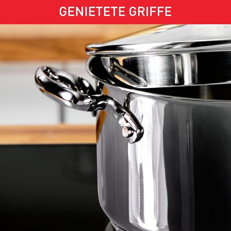 Duetto Plus 3-teiliges Kochtopf-Set 16/20/24 cm + Stielkasserolle 16 cm + 3 Deckel, induktionsgeeignet, Thermo-Fusion, Messmarken, spülmaschinenfest, backofenfest, Edelstahl