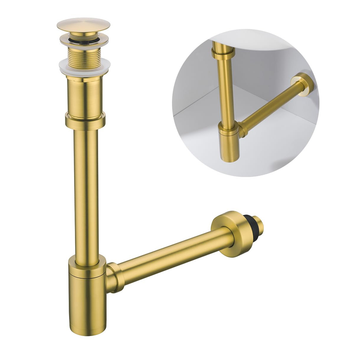 Photo 1 of SEABEFORE Brass Round Bottle P-Trap with Pop Up Drain Stopper,1 1/4 Adjustable Basin Sink Waste Drain Trap Kit without Overflow, Champagne Bronze P Trap