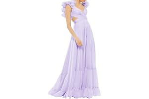 Lawrncedw Chiffon Ruffle Prom Dresses for Women V Neck Long Bridesmaid Dresses Backless Formal Evening Gowns A Line