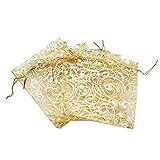 Anleolife 100pcs Gold Sheer Organza Wedding Favor Bags Jewelry Gift Bags Bathroom Soaps Nail Polish Potpourri Organzer Business Samples Display Drawstring Pouches Party Baby Shower Favors 4.7x3.5 inch(gold with print)