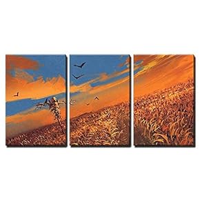 3 Piece Canvas Wall Art - Illustration - Corn Field with Scarecrow and Sunset Sky,Illustration Painting - Modern Home Art Stretched and Framed Ready to Hang - 16"x24"x3 Panels