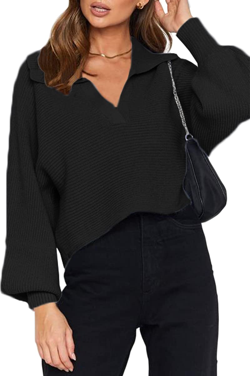 Photo 1 of **USED**CHYRII Women's Puff Long Sleeve Polo Sweater Casual Loose Knitted Pullover Tops Black XL